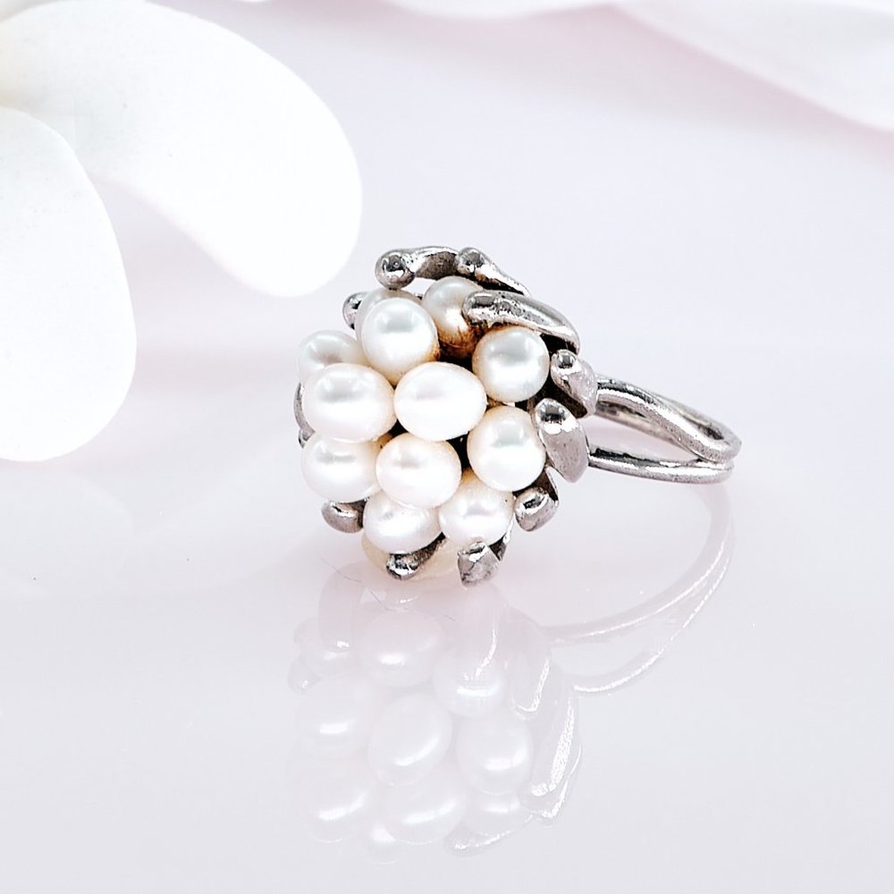 Vintage Pearl Cluster Ring, Stamped Silver, Size 5 US